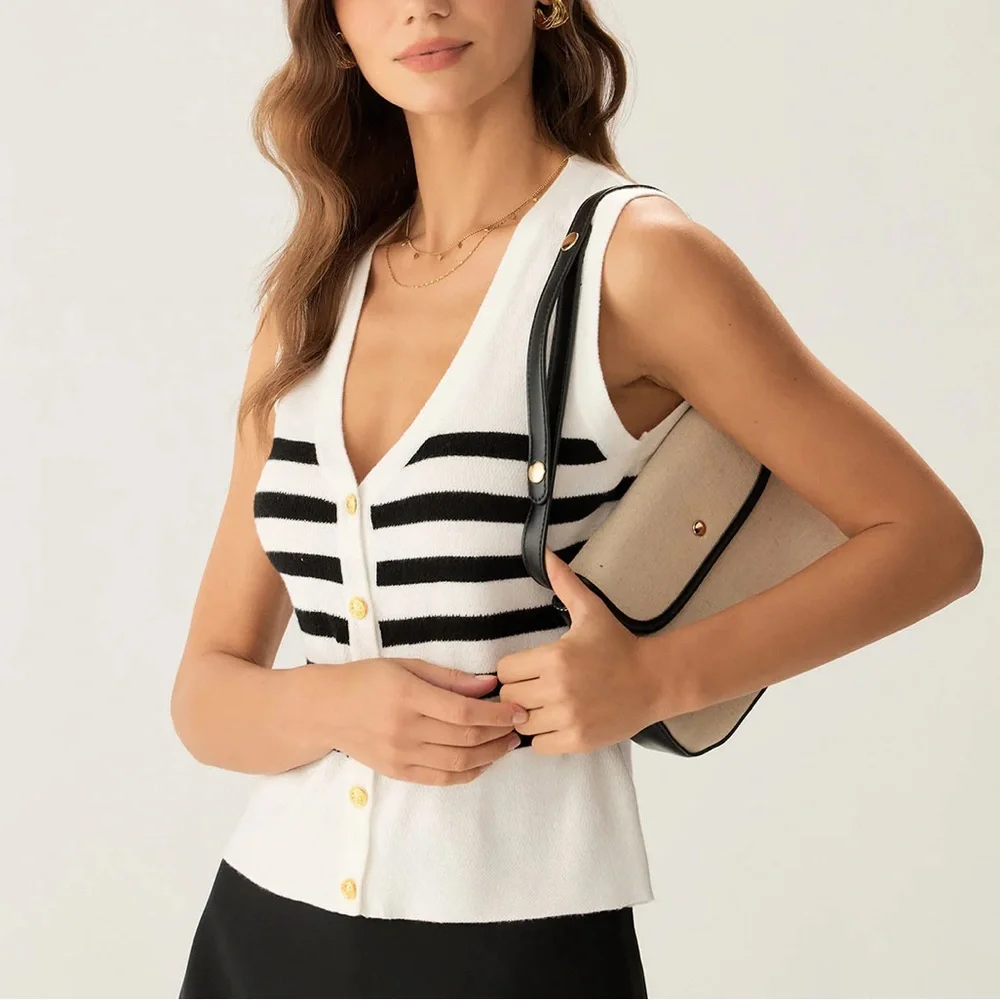 Rihoas White Striped Button Knit Tank Top - Picture 3 of 6